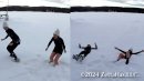 凍った湖の上で雪に飛び込む