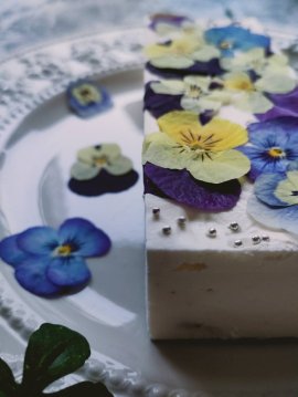 ビオラ＆果物のレアチーズケーキ