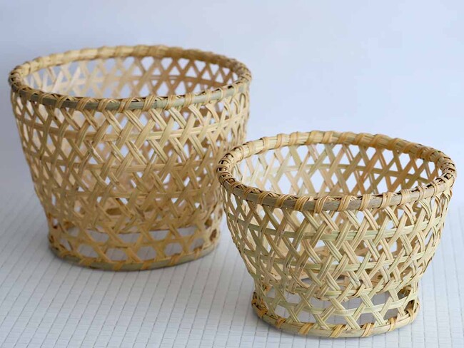 120年に一度の開花で枯れた希少なスズ竹細工「スズ竹茶椀籠／野菜籠」完成