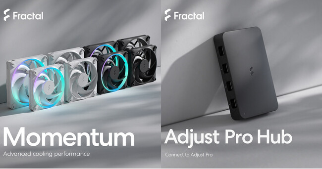 Fractal Design社製、デイジーチェーン対応のケースファン「Momentum」シリーズ、ウェブブラウザでコントロール可能なアドレサブルRGBハブ「Adjust Pro Hub」を発表
