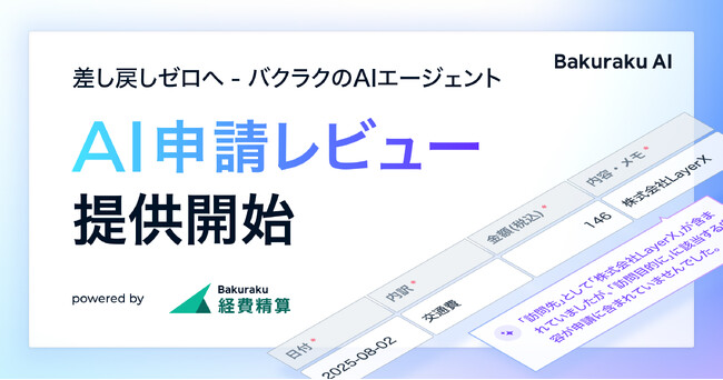 差し戻しゼロへ。バクラク、AIエージェント「AI申請レビュー」をリリース。AIが自社の規程・ルールに基づき経費精算申請を即時レビュー