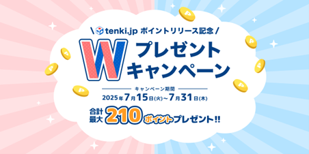 「tenki.jp ポイントリリース記念！ Wプレゼントキャンペーン」開催～「tenki.jp ポイント」最大210円分を対象者全員にプレゼント～