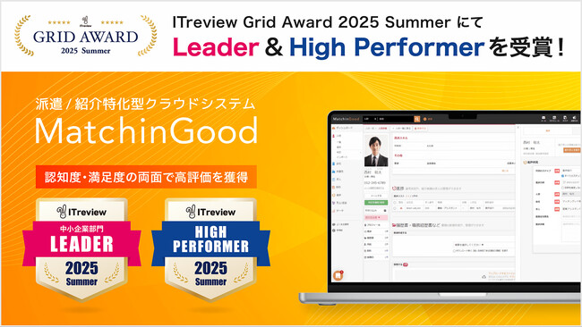 人材派遣・紹介管理システムの「MatchinGood」が「ITreview Grid Award 2025 Summer」にて「Leader」「High Performer」を受賞！