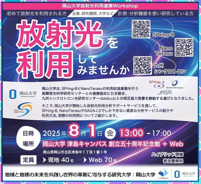 【岡山大学】岡山大学放射光利用連携Workshop ～放射光を利用してみませんか～〔8/1,金 ハイブリッド開催〕