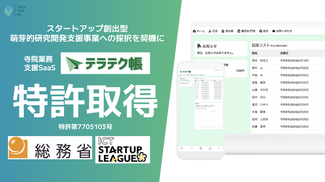 お寺の業務支援に特化したSaaS「テラテク帳」100寺院超の声を拾い上げて開発した寺務負担軽減機能が特許取得