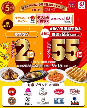すかいらーくグループにおいて「dポイントもれなく2倍＋d払い抽選でdポイント55倍キャンペーン」を開催