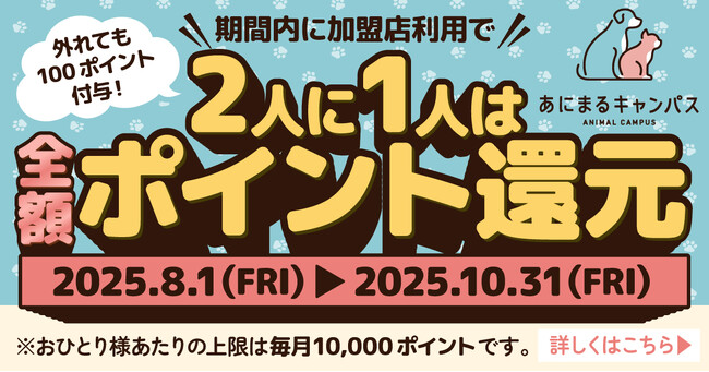 【2人に1人全額ポイント還元】あにまるキャンパスで8月1日(金)より開始!