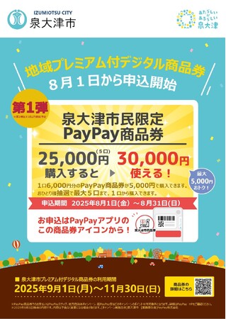 最大5,000円おトク!8月1日から泉大津市プレミアム付デジタル商品券の申し込みが始まります!!