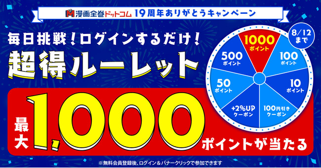 【19周年特別感謝祭】毎日挑戦ログインルーレットで最大1000ポイントやクーポンが当たる！＆漫画全巻ドットコムをご利用いただいた会員の皆様へ「還元率＋5％クーポン」プレゼント★