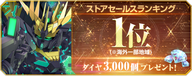 『SDガンダム ジージェネレーション エターナル』海外一部地域でのストアセールスランキング1位達成を記念し、ダイヤ3,000個（ガシャ10回分）を全員へプレゼント！