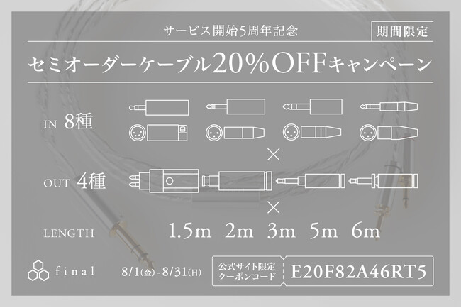 ご自身の使用機材や環境に合わせてカスタマイズできる「ヘッドホン用ケーブルセミオーダー」サービス開始から５周年！ 期間限定20%OFFキャンペーン開催