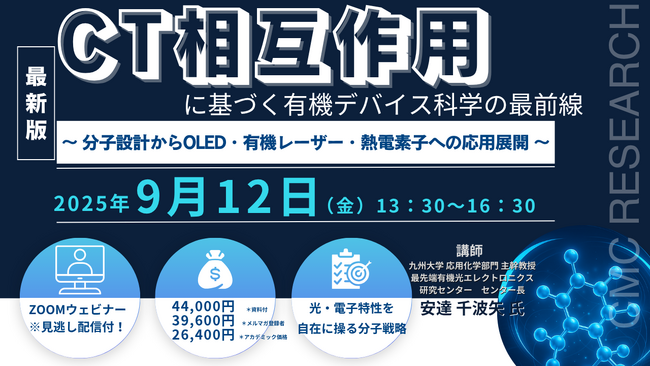 【ライブ配信/Zoom】「CT相互作用に基づく有機デバイス科学の最前線～ 分子設計からOLED・有機レーザー・熱電素子への応用展開 ～」セミナー開催！9月12日（金）主催：(株)シーエムシー・リサーチ