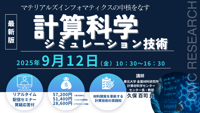 【ライブ配信/ZOOM】「マテリアルズインフォマティクスの中核をなす計算科学シミュレーション技術」セミナー開催！9月12日（金）主催：(株)シーエムシー・リサーチ