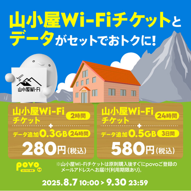 povo、「山小屋Wi-Fiチケット」がセットのデータトッピングを9月30日まで提供
