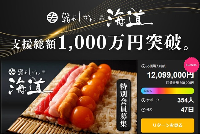 勢いが止まらない！【鮨よしかわ海道】クラウドファンディング開始わずかで支援総額1,200万円突破。その魅力とは？