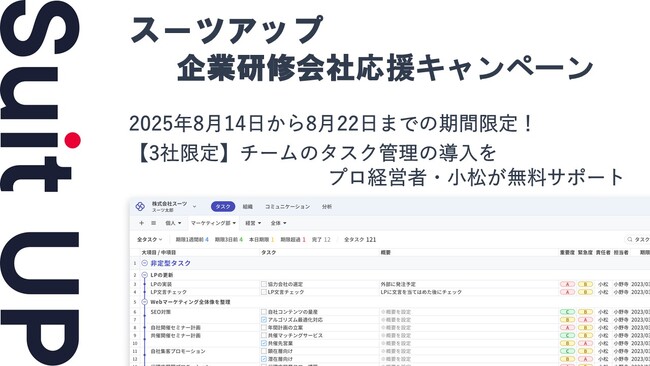 チームのタスク管理・プロジェクト管理ツール「スーツアップ」、企業研修会社応援キャンペーン