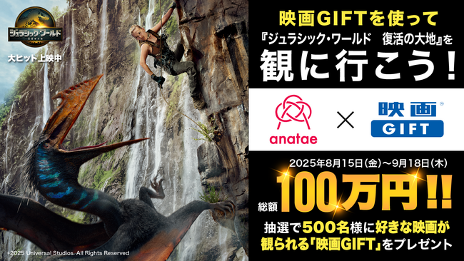 【ムービーウォーカー×ANATAE共催】総額100万円！抽選で500名様に映画GIFTが当たるプレゼントキャンペーン開催～『ジュラシック・ワールド／復活の大地』などヒットタイトルをおトクに観に行こう～