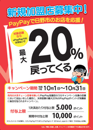 「PayPay使って日野でお買い物!対象店舗で最大20%戻ってくるキャンペーン」の実施について
