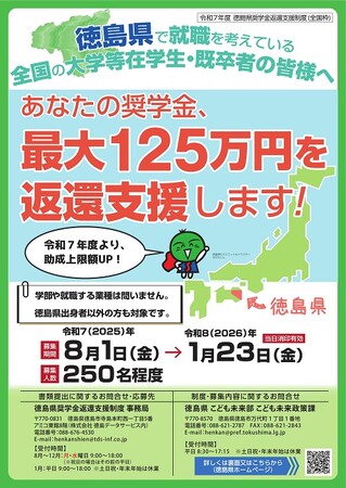 徳島で働きたい皆さんの奨学金の返還を支援します!