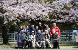 桜が満開になった長崎の爆心地公園で、被爆者と2世・3世のみんなでお花見