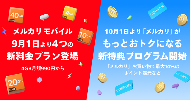 メルカリ、「メルカリモバイル」で4GB月額990円～の新料金プランおよび「メルカリ」がもっとおトクになる新特典プログラムを発表