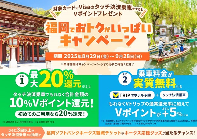 三井住友カード(株)、「対象カードでVisaのタッチ決済乗車をするとVポイントプレゼント！福岡でおトクがいっぱいキャンペーン」を実施