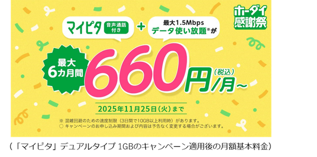 mineo 「ホーダイ感謝祭」開催！マイピタの月額基本料金 最大6カ月間大幅割引