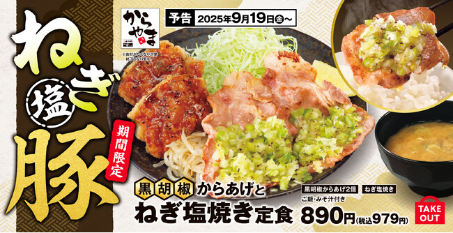 鶏も豚も一皿で!食べ応えとさっぱり感を両立した「黒胡椒からあげとねぎ塩焼き定食」からやまに新登場