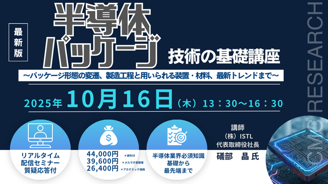 【ライブ配信/ZOOM】「半導体パッケージ技術の基礎講座～パッケージ形態の変遷、製造工程と用いられる装置・材料、最新トレンドまで～」セミナー開催！10月16日（木）主催：(株)シーエムシー・リサーチ