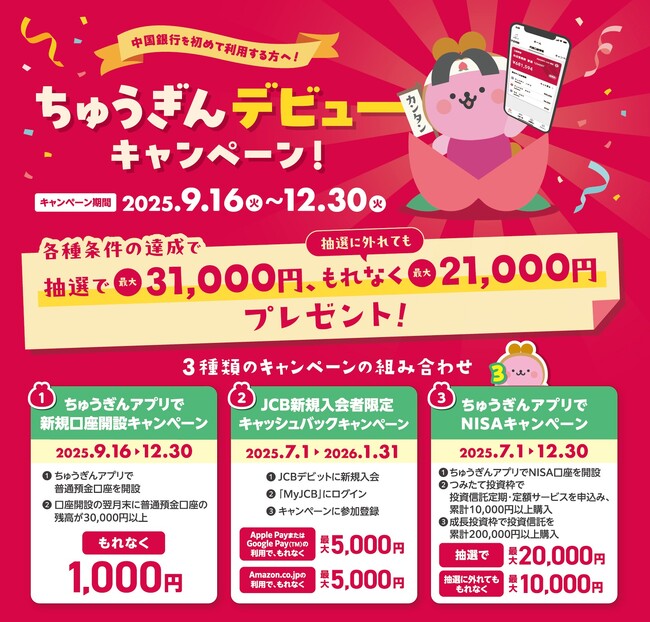 9月16日からスタート！ちゅうぎんアプリで口座開設をすると最大31,000円プレゼントキャンペーン