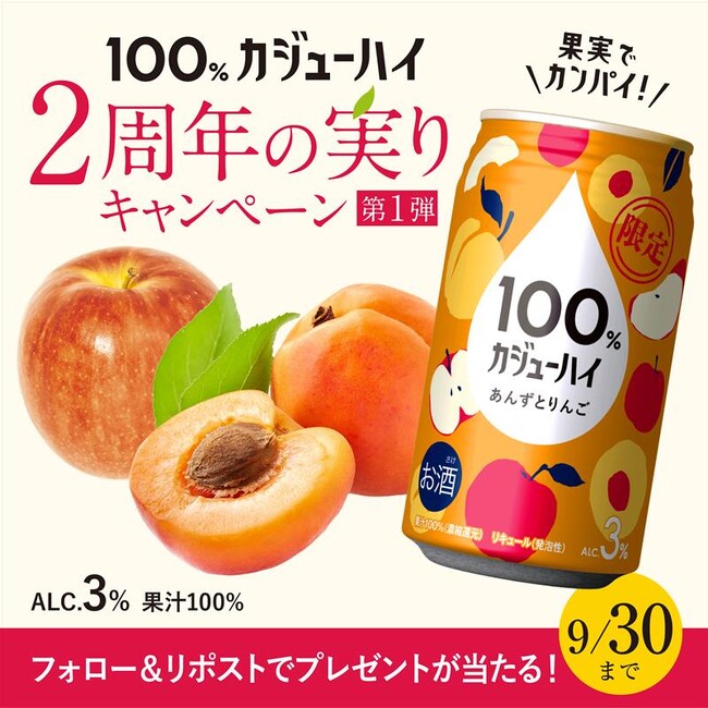 新商品「あんずとりんご」で祝う、2周年にカンパイ！『果実100%の、贅沢。』100%カジューハイ　2周年SNSキャンペーン第1弾がスタート