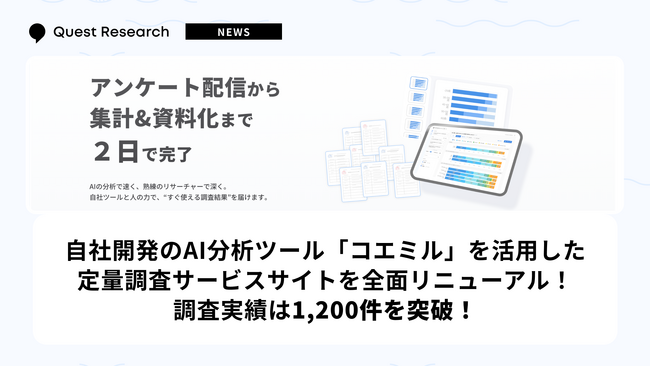 Quest Research、定量調査サービスのサイトを全面リニューアル。累計調査実績は1,200件を突破！