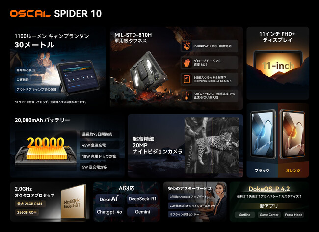 OSCAL SPIDER 10 間もなく登場：1100LMランタン・20,000mAhバッテリー・20MPナイトビジョン搭載のフラッグシップのタフネスタブレット