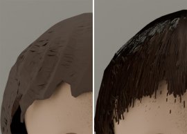 従来方式で再現したアバターの頭髪(左)と、本技術により再現した高精細なアバターの頭髪(右)