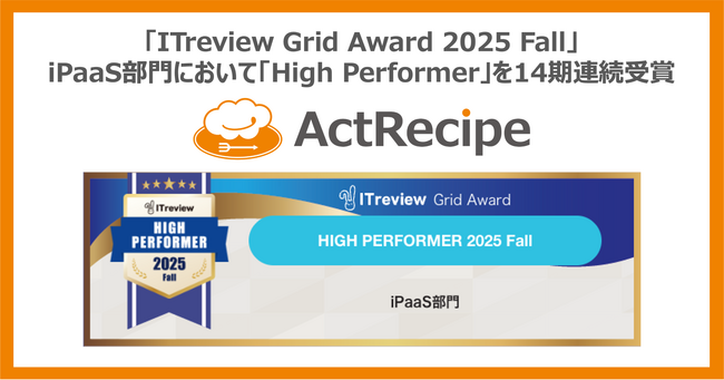 iPaaS「ActRecipe」が「ITreview Grid Award 2025 Fall」において「High Performer」を14期連続受賞