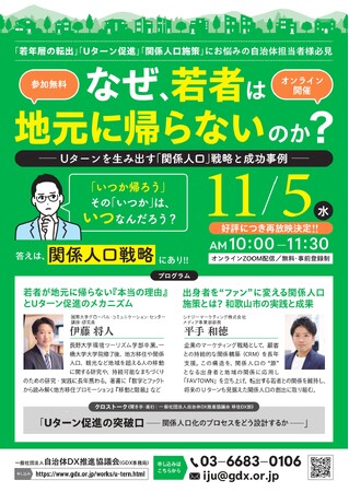 【好評につき再放映決定】 自治体向けオンラインセミナー「なぜ、若者は地元に帰らないのか？」～Uターンを生み出す『関係人口』戦略と成功事例～　11月5日（水）10:00開催