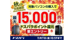 ドスパラ秋の大感謝祭　対象の新品PC購入＆エントリーで最大15,000円分のドスパラポイントをもれなく還元　対象のPCパーツなどをお得に購入可能なクーポンも配布