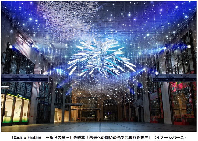 大阪梅田ツインタワーズ・ノース1階「コンコース」冬のクリスマス イルミネーション 「Cosmic Feather ～祈りの翼～」最終章「未来への願いの光で包まれた世界」