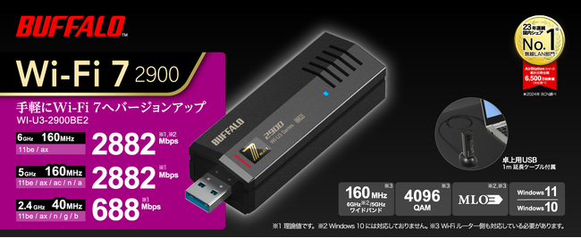 挿すだけ！安定・高速通信を実現するWi-Fi 7対応アダプター「WI-U3-2900BE2」を11月下旬に発売