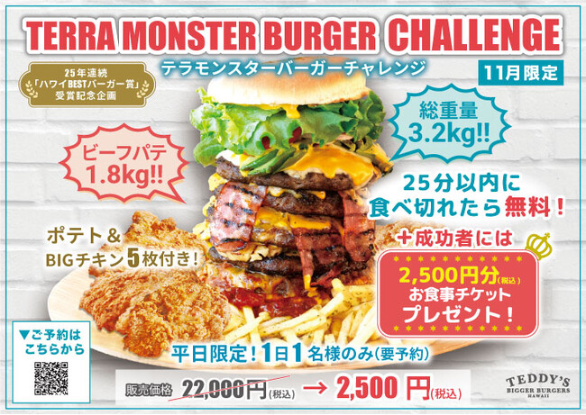 11月限定！総重量3.2kgの超ド級バーガーに挑戦「テラモンスターバーガーチャレンジ」　ハワイ発“テディーズビガーバーガー”表参道店で開催