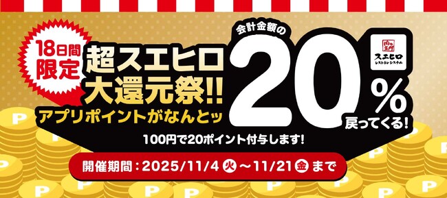 【株式会社スエヒロレストランシステム】食べて貯めておトク！「超スエヒロ祭20％還元キャンペーン」11月4日より開催！