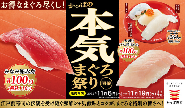 『みなみ鮪赤身』も、『大切り びん長はらも』も110円！！ネタの旨みを引き立てる赤酢シャリで味わう「かっぱの本気まぐろ祭り」開催