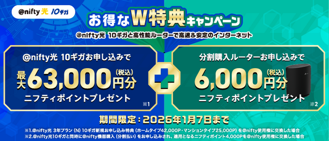 ニフティ、最大69,000円分（税込）のニフティポイントがもらえる「＠nifty光 3年プラン（N）10ギガ」×高性能Wi-Fiルーター申込の「お得なW特典キャンペーン」を実施