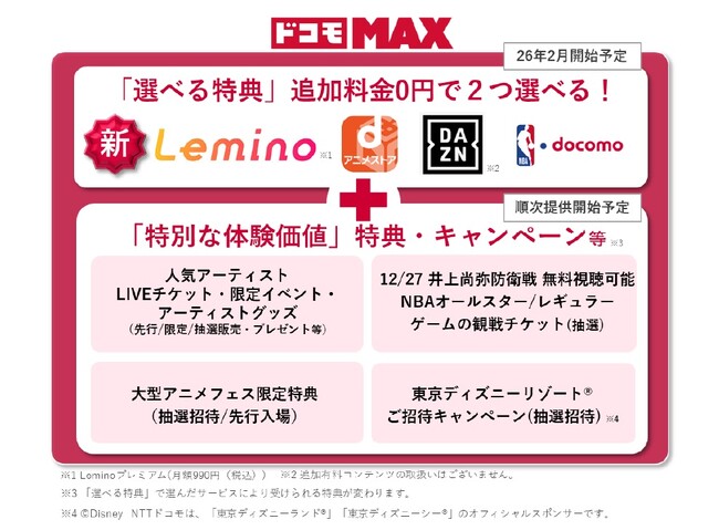 「ドコモ MAX」「ドコモ ポイ活 MAX」の「選べる特典」に「Lemino」「ｄアニメストア」を追加