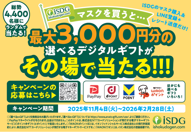 対象マスクを買って応募!総勢4,400名様にデジタルギフトが当たる「iSDGマスク」キャンペーン開催