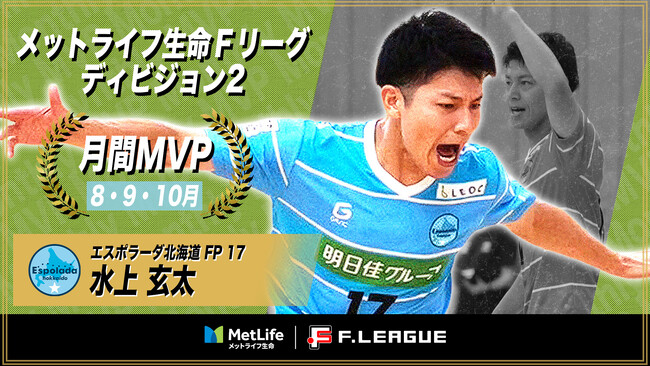 水上玄太（北海道）が8・9・10月の月間MVPに！ 第8節～第14節｜2025年8月1日～2025年10月19日【メットライフ生命Ｆリーグ2025-26 ディビジョン2】