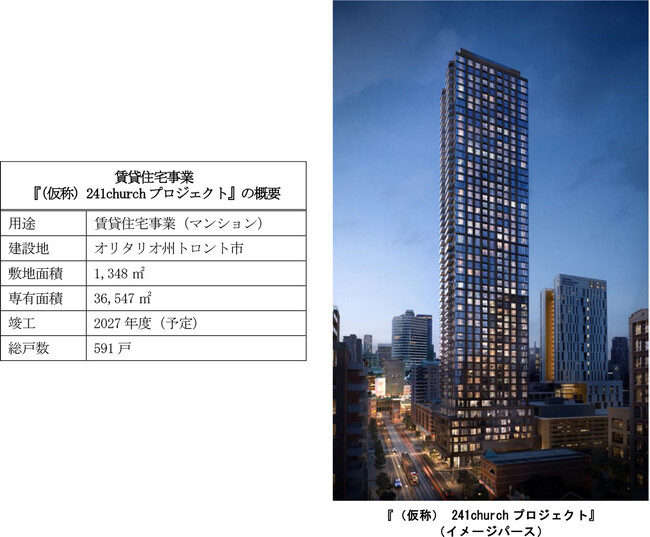当社初のカナダにおける賃貸マンション開発事業 『（仮称）241churchプロジェクト』に参画します ～53階建て総戸数591戸の高層賃貸マンションを建設します～