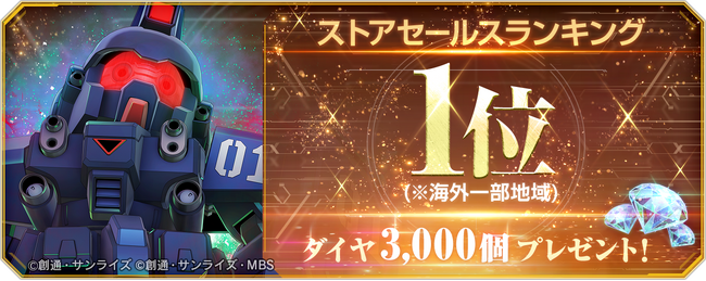 『SDガンダム ジージェネレーション エターナル』海外一部地域でのストアセールスランキング1位達成を記念し、ダイヤ3,000個（ガシャ10回分）を全員へプレゼント！
