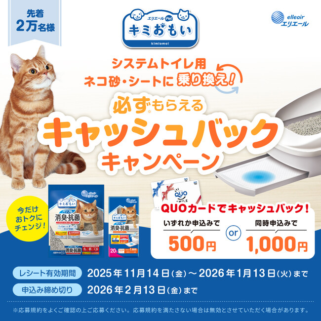 先着2万名さまに、QUOカード最大1,000円分をキャッシュバック 「キミおもい システムトイレ用ネコ砂・シートへ乗り換え！必ずもらえるキャッシュバックキャンペーン」を実施