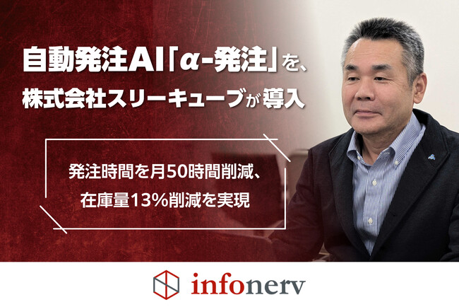 自動発注AI「α-発注」を、株式会社スリーキューブが導入～発注時間を月50時間削減、在庫量13%削減を実現～